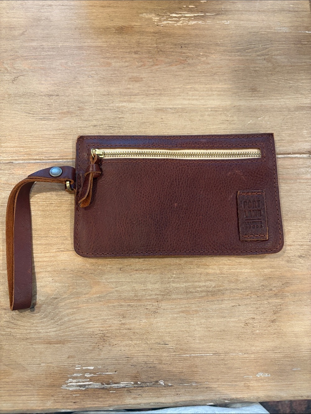 Portland Leather Brown Leather Wristlet Clutch with Gold Zipper